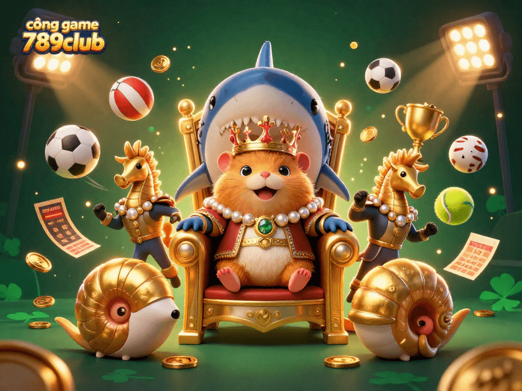 Engage with cổng game 789club in this dynamic 3D casino themed illustration featuring vibrant characters and elements.