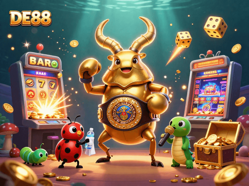 Engage with exciting casino action at DE88 with colorful slots, oversized characters, and vibrant rewards bursting from the scene.