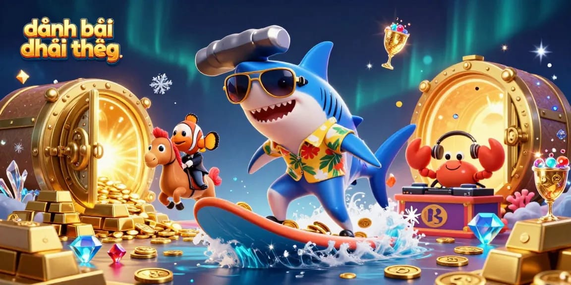 Experience the excitement of đánh bài đổi thưởng with a vibrant 3D casino scene showcasing engaging characters and treasures.