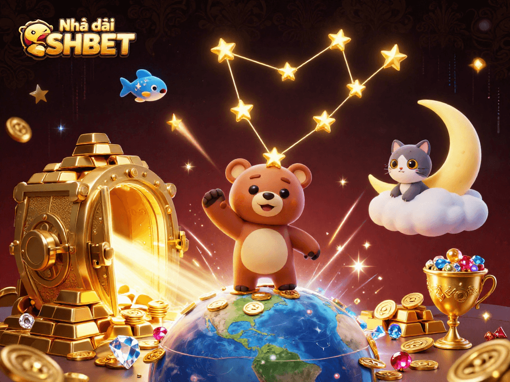 Experience the excitement of Nhà cái SHBET with a dynamic 3D casino illustration featuring a constellation bear and lucky treasures.