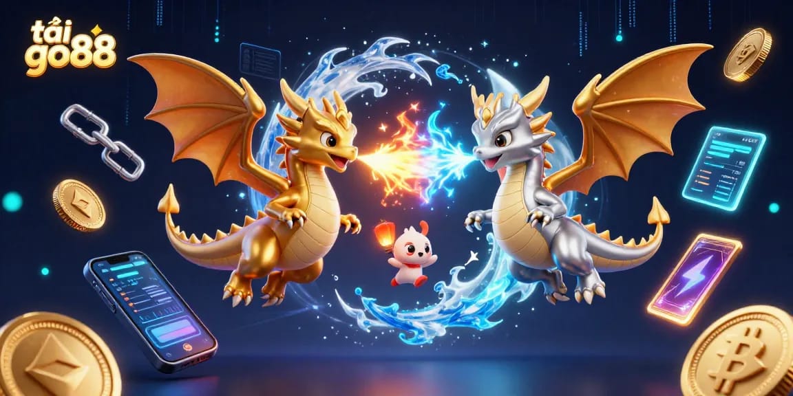 Engage with tải go88's vibrant casino world featuring fiery and icy dragons, cryptocurrency, and immersive illustrations.