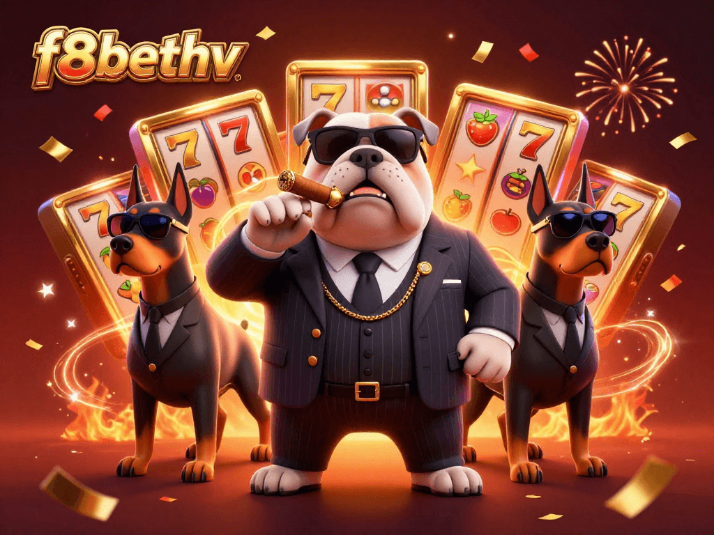 Engage with the vibrant world of f8bethv as the mafia bulldog and bodyguards celebrate big wins with slot machines.