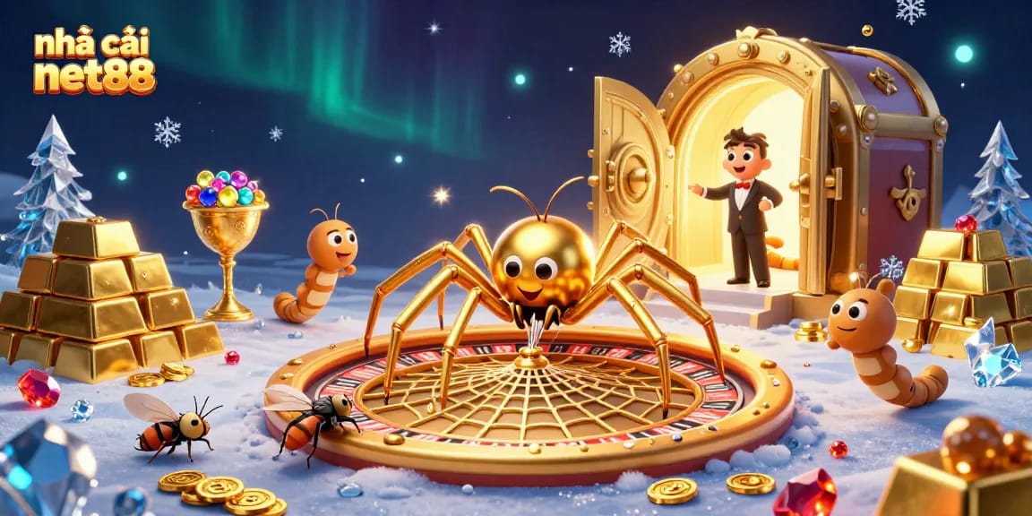 Experience the thrill of nhà cái net88 as the spider spins a roulette wheel web surrounded by dazzling treasures.