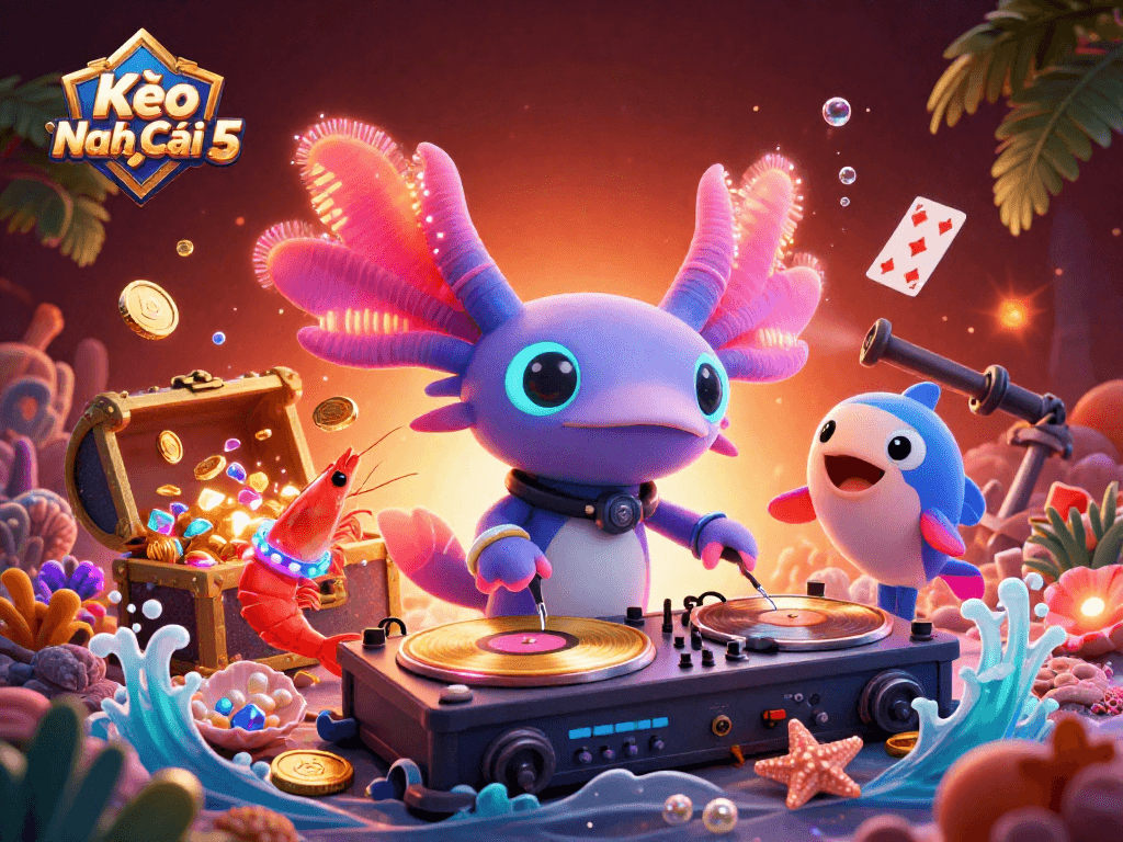 Kèo Nhà Cái 5 showcases a neon axolotl DJ, captivating underwater party with creatures and treasure.
