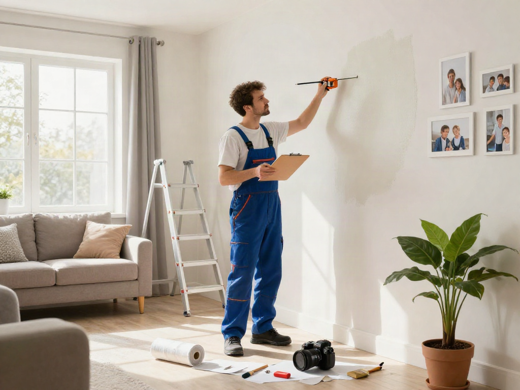 Professional technician providing home repair services Des Moines Iowa in a well-lit living room with painting tools.