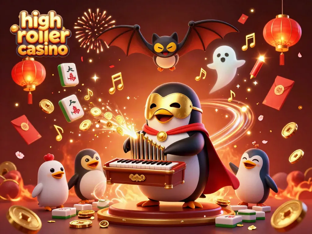 Experience high roller casino excitement with a penguin organist unleashing golden coins and dynamic celebration effects.