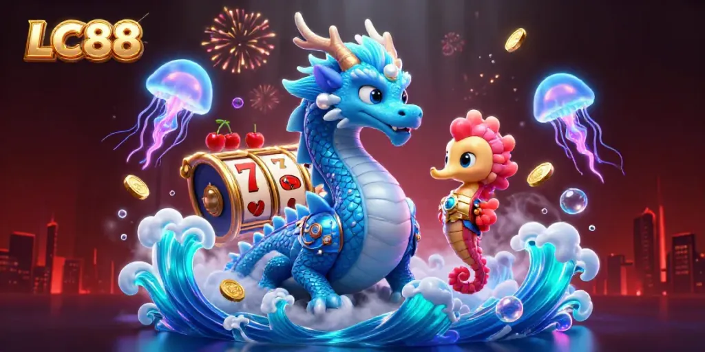 Play vibrant LC88 slots with dazzling fruit symbols and dragon adventure in this captivating illustration