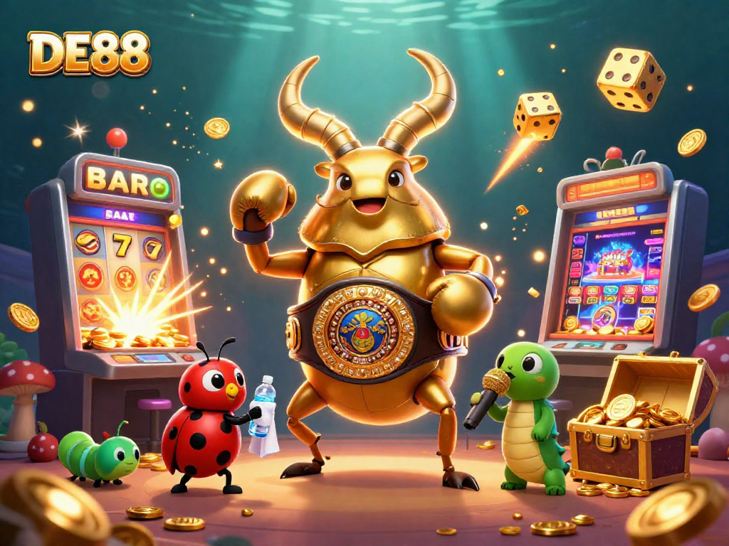 Engage with exciting casino action at DE88 with colorful slots, oversized characters, and vibrant rewards bursting from the scene.