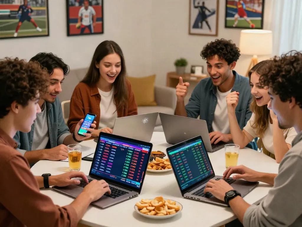 ZBET users engaging in online betting with laptops and drinks in a lively setting.
