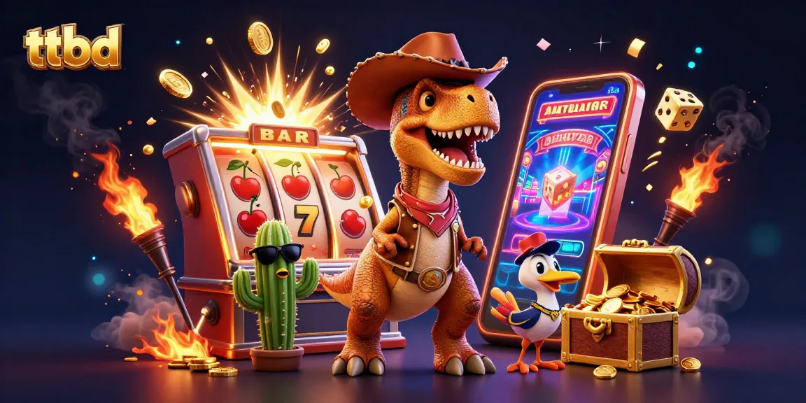 Experience thrilling wins with ttbd, featuring a T-Rex cowboy, jackpots, and casino excitement.
