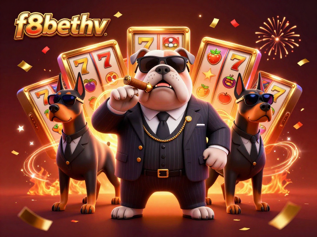 Engage with the vibrant world of f8bethv as the mafia bulldog and bodyguards celebrate big wins with slot machines.