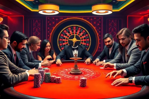 Thabet players strategizing at an upscale casino poker table amid vibrant casino lights.