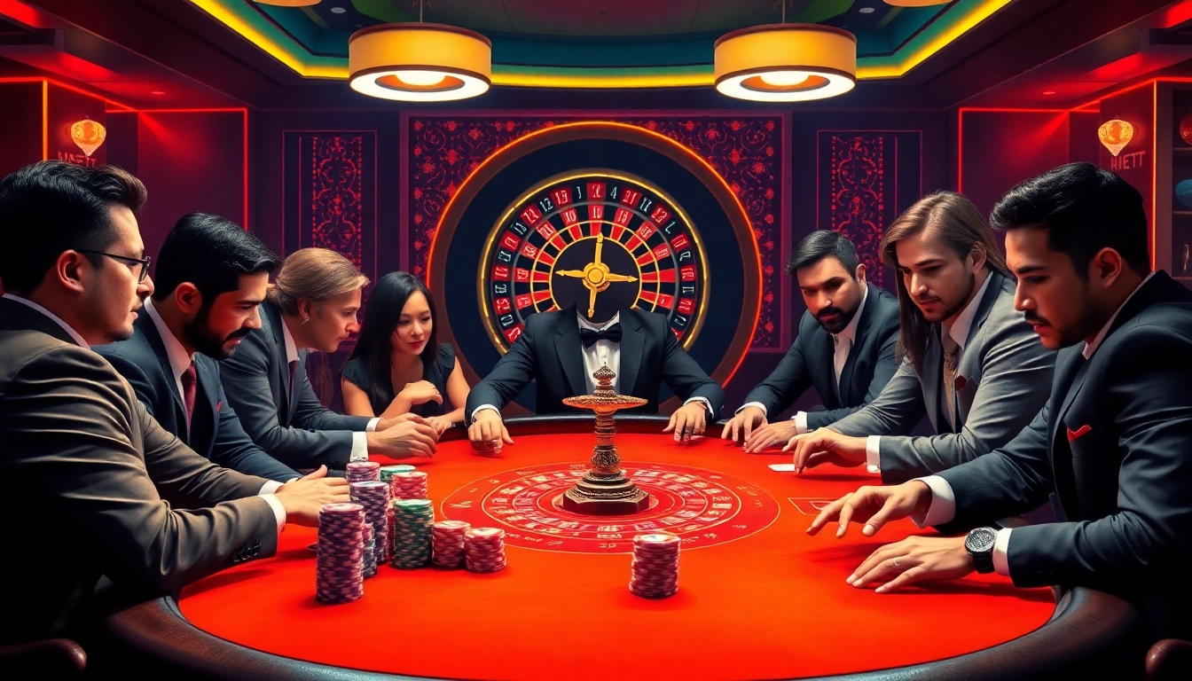 Thabet players strategizing at an upscale casino poker table amid vibrant casino lights.