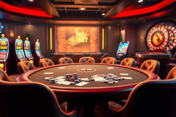 Experience the excitement of HD BET at a luxurious casino poker table with vibrant slot machines and roulette.