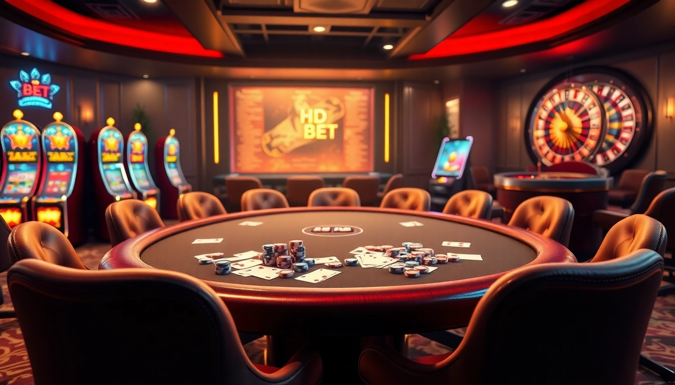 Experience the excitement of HD BET at a luxurious casino poker table with vibrant slot machines and roulette.