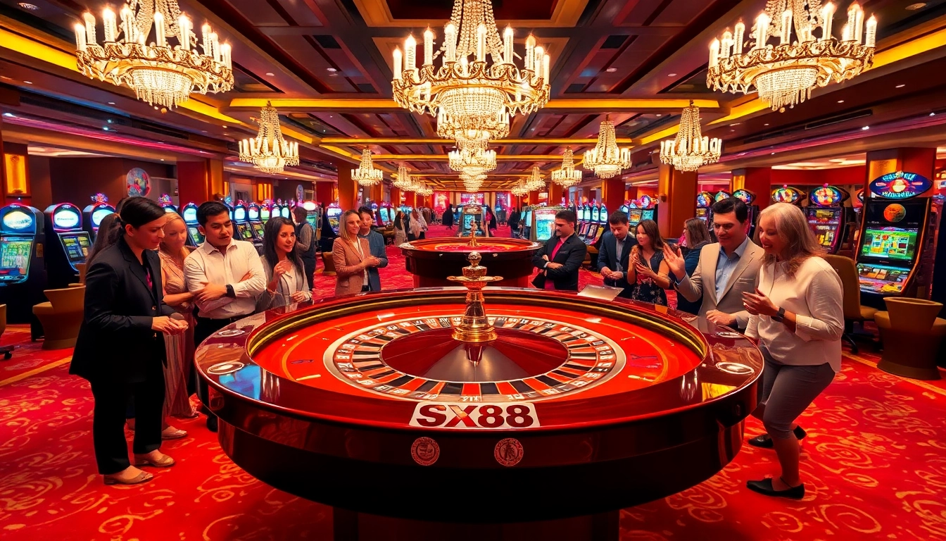 SX88-themed casino scene with roulette table and players experiencing high-stakes excitement.
