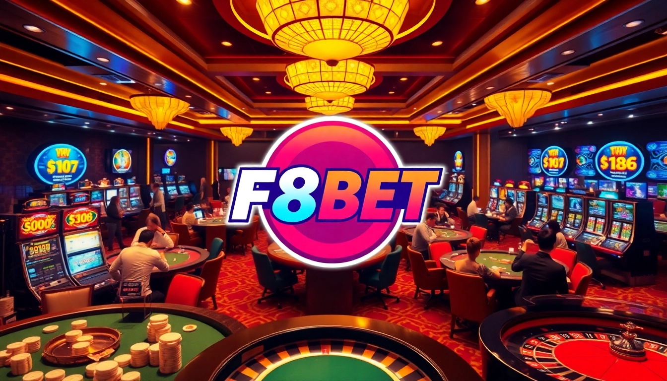 Players immerse in thrilling casino games at F8BET, surrounded by vibrant slot machines and poker chips.