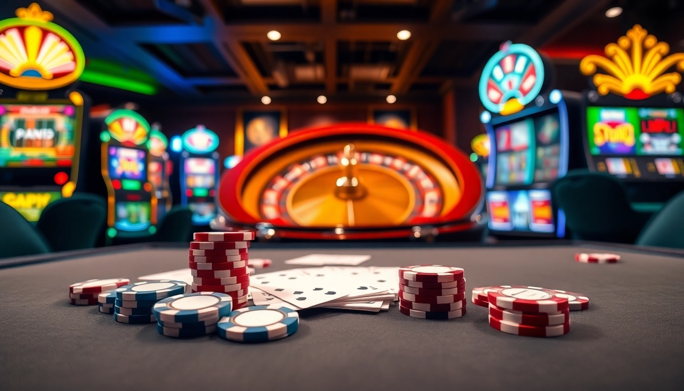 Exciting poker action at UU88 casino, featuring vibrant chips, cards, and a roulette wheel.