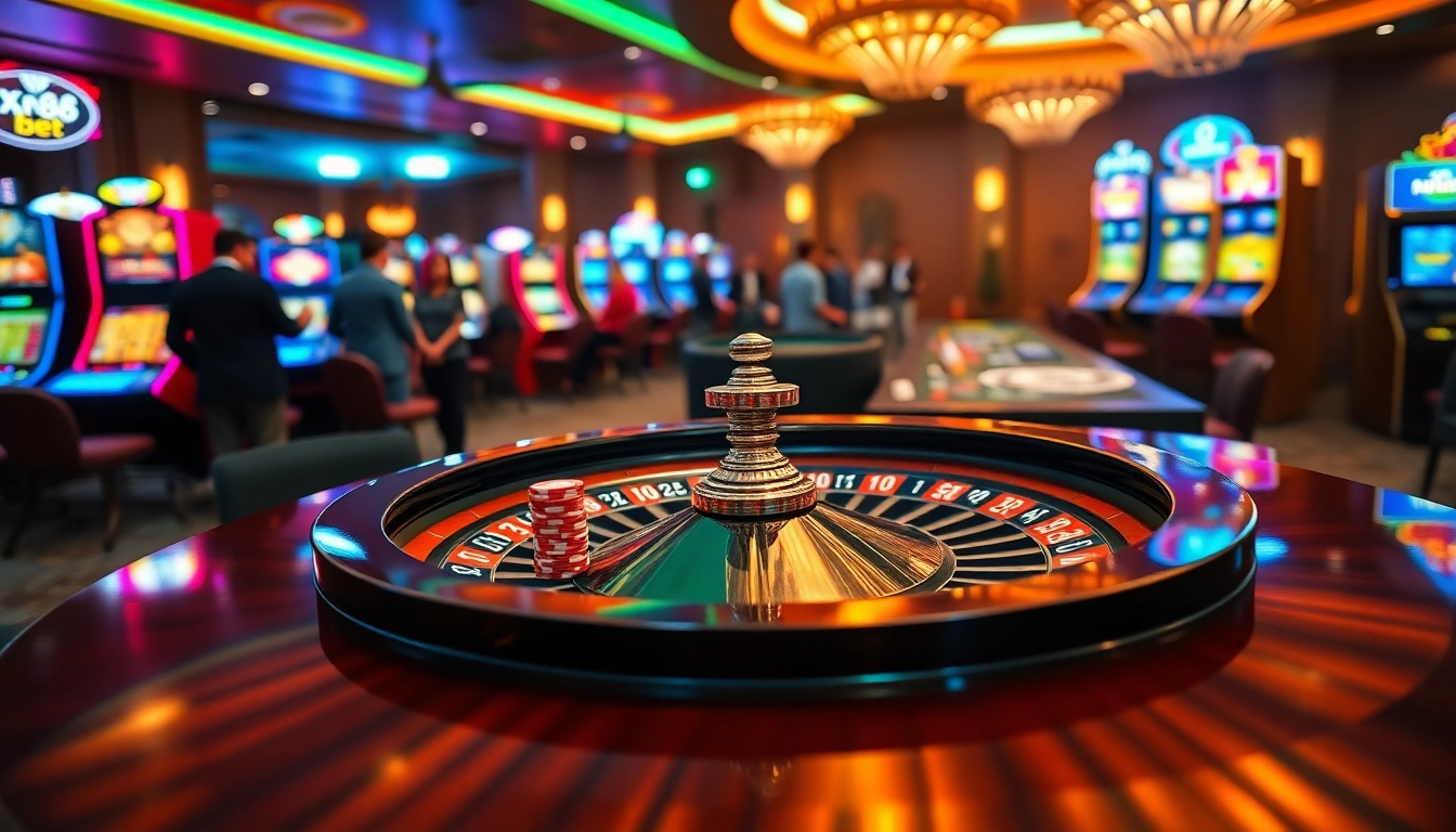 Play vibrant games at xn88 bet with colorful roulette wheels and lively casino atmosphere.