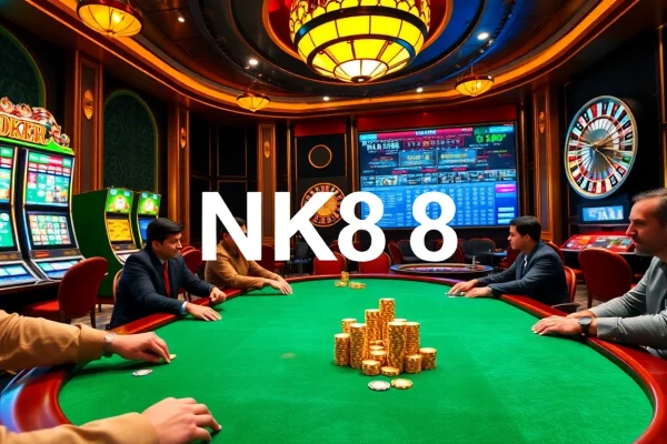 NK88 players strategizing at a luxurious casino table surrounded by vibrant slot machines.