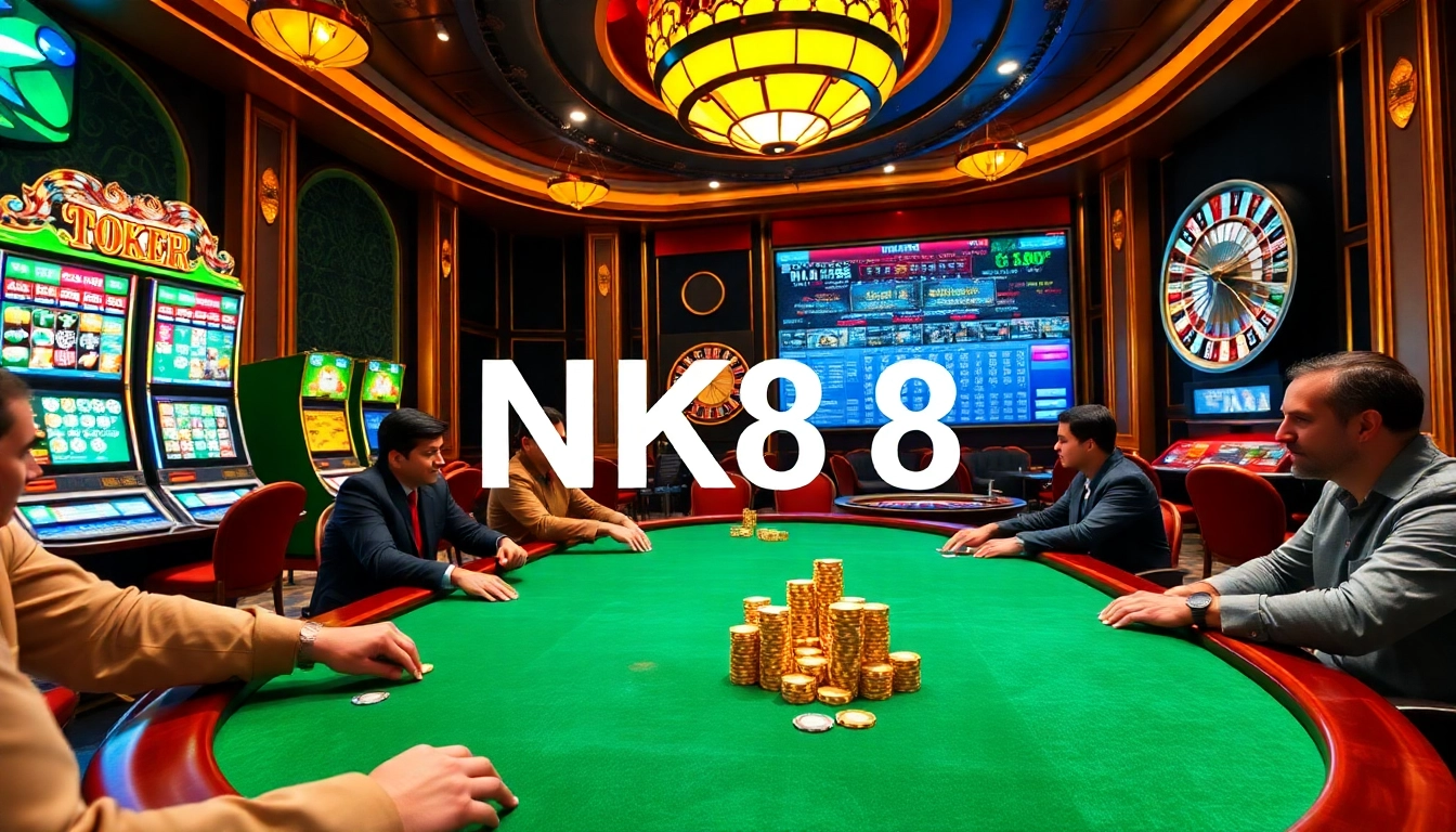 NK88 players strategizing at a luxurious casino table surrounded by vibrant slot machines.