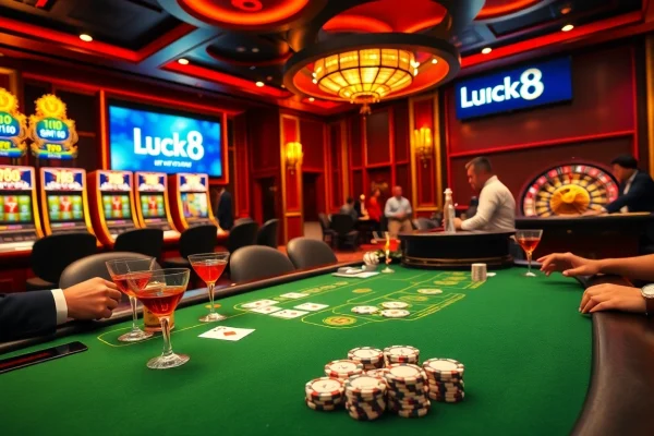 Experience excitement at Luck8 casino with players at poker tables and vibrant slot machines.