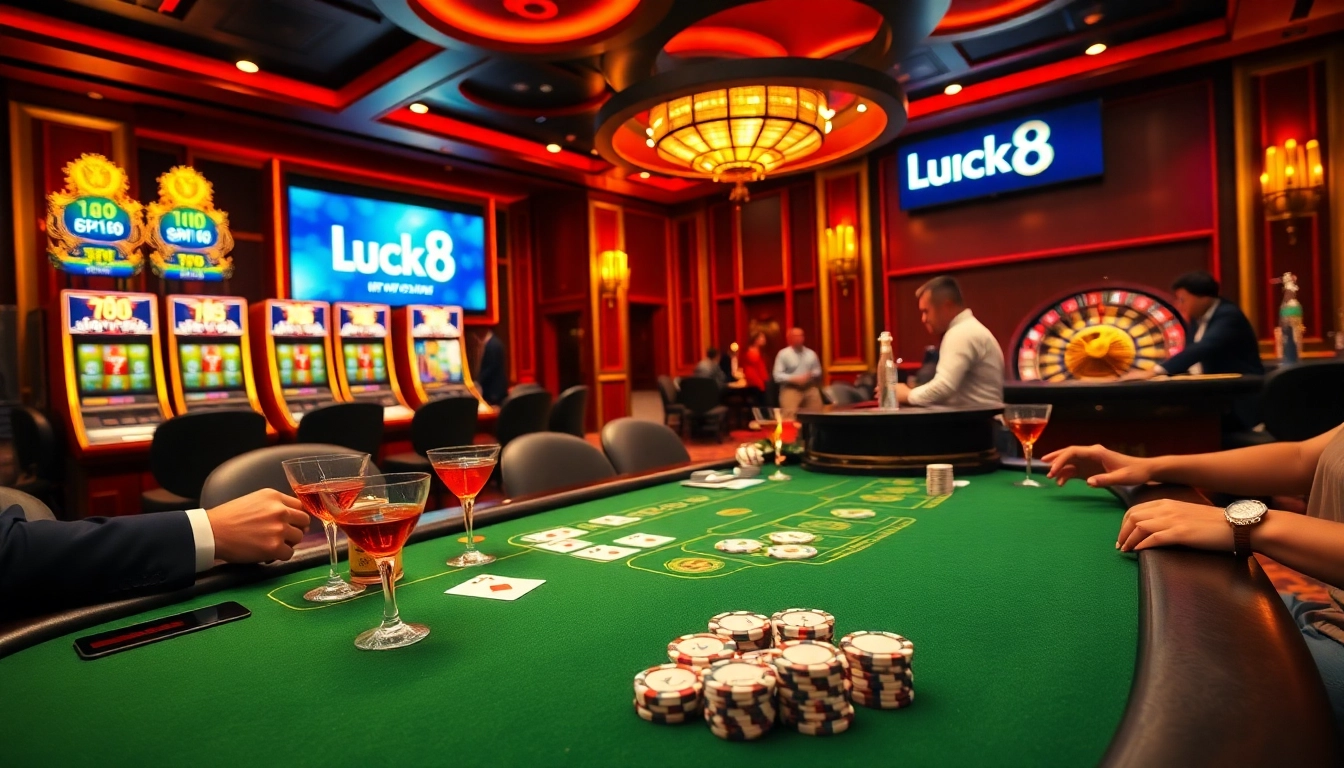 Experience excitement at Luck8 casino with players at poker tables and vibrant slot machines.