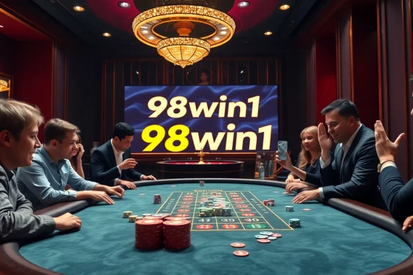 Engage in high-stakes gaming at 98win1 with colorful chips and an elegant roulette wheel.