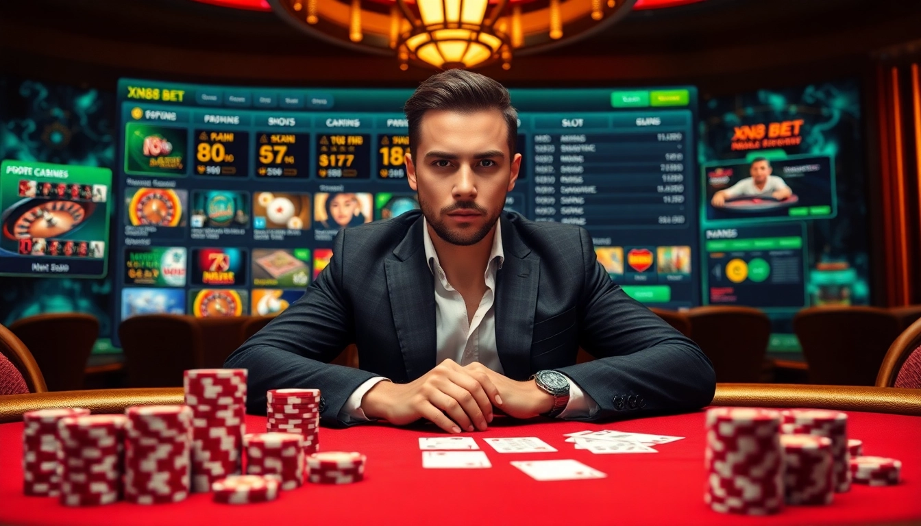 Experience the thrill of xn88 bet at a luxurious casino with vibrant gaming tables and excited players.