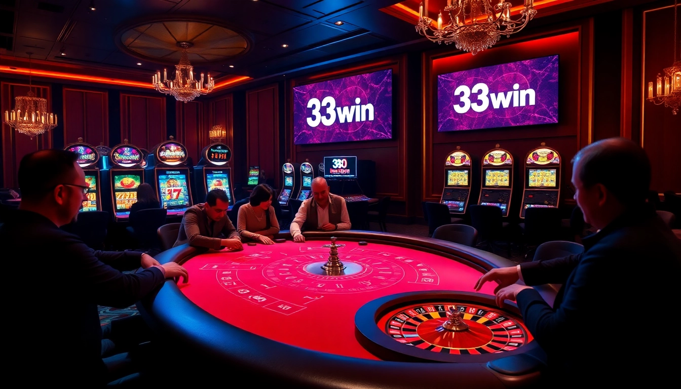 Players enjoying a glamorous poker game at 33win casino with vibrant lighting and luxurious decor.