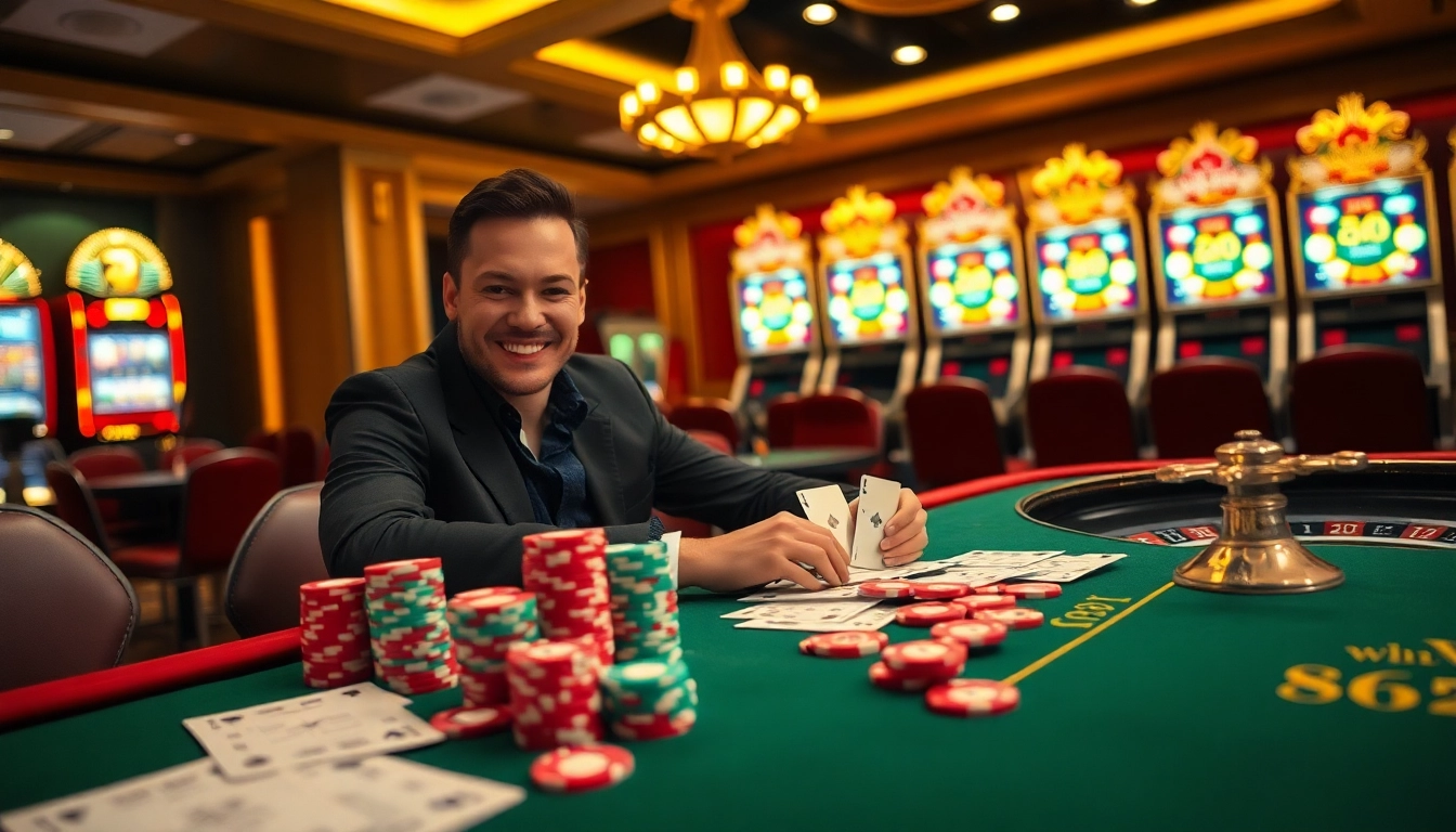 Experience the excitement of 68win bet with vibrant gaming scenes featuring poker chips and roulette.