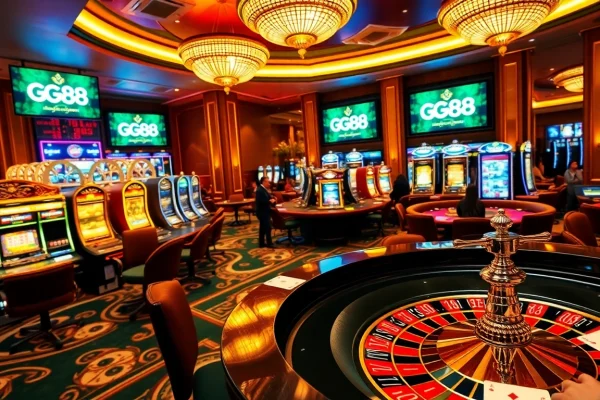 Players enjoying thrilling games at GG88 casino with vibrant slot machines and roulette wheels.