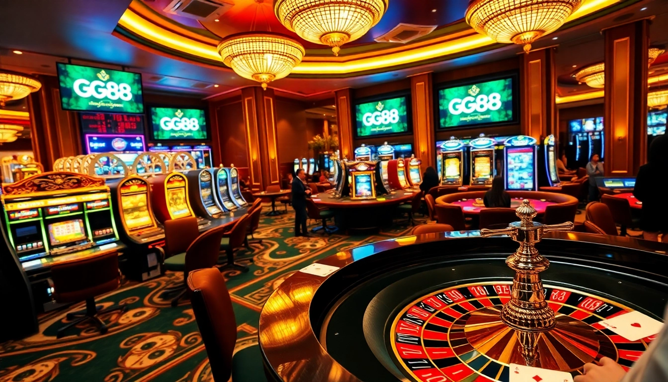 Players enjoying thrilling games at GG88 casino with vibrant slot machines and roulette wheels.