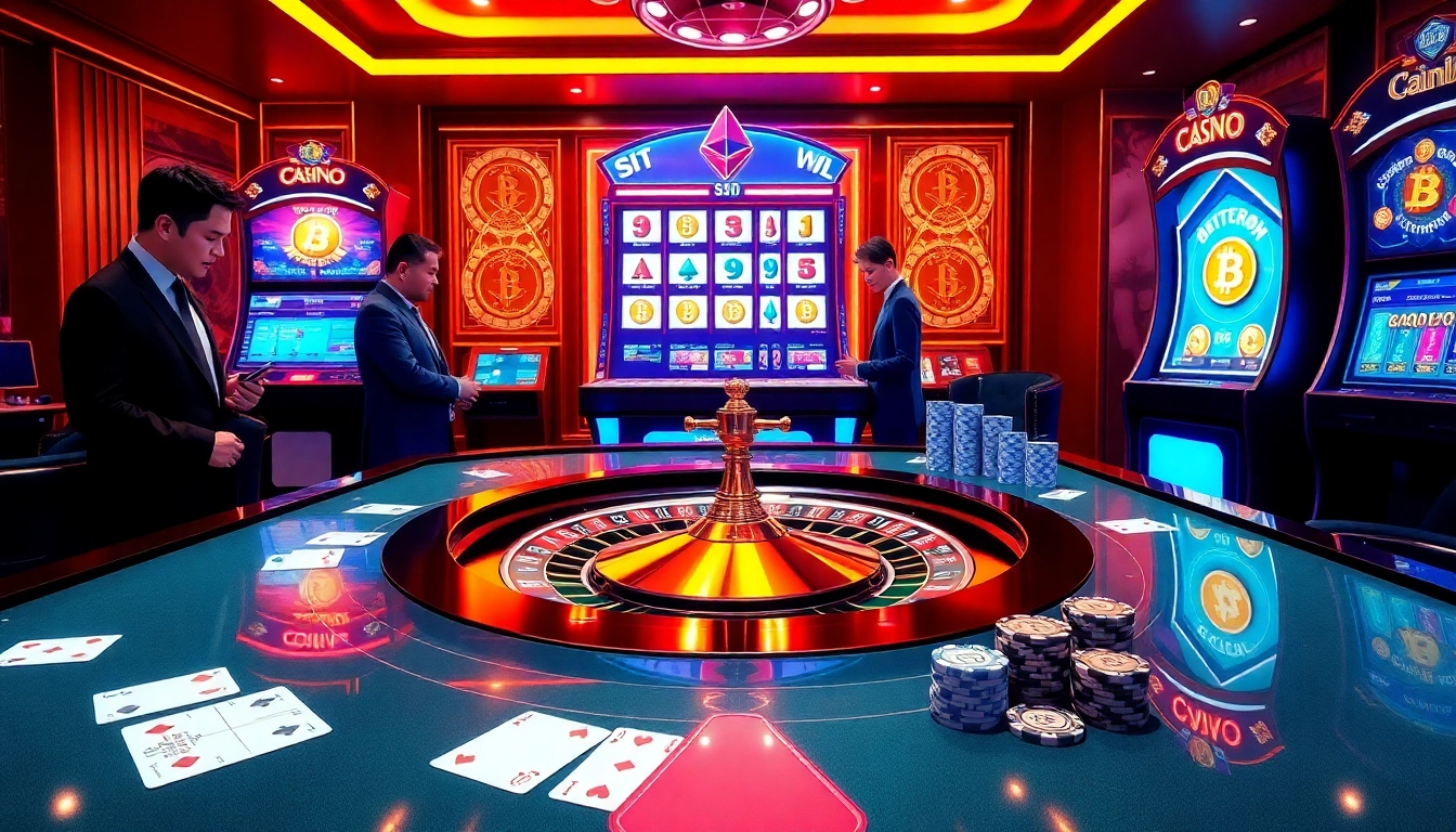Exciting crypto online casinos experience with luxurious gaming tables and vibrant slot machines.