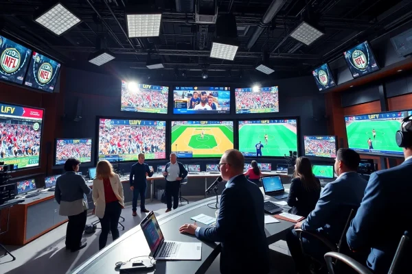 Engaging sports broadcasting scene showcasing hosts and tech setup during live coverage.