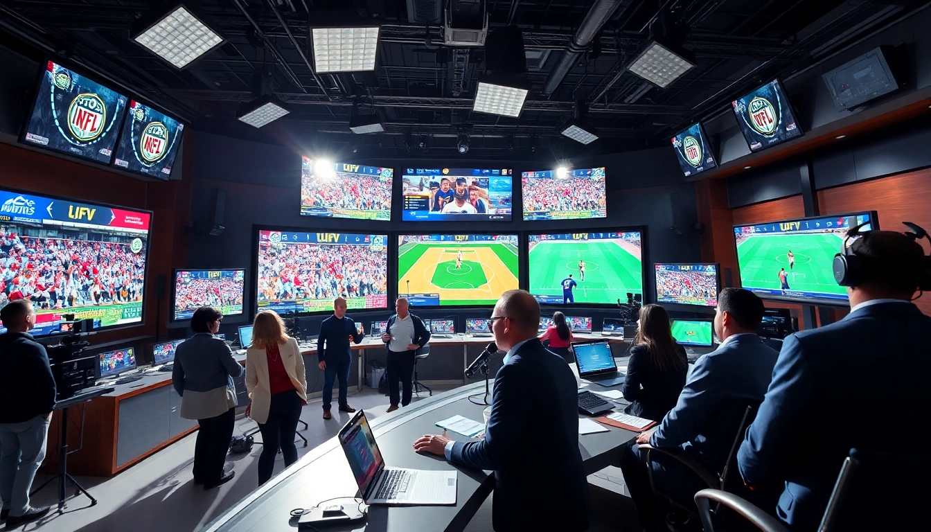 Engaging sports broadcasting scene showcasing hosts and tech setup during live coverage.