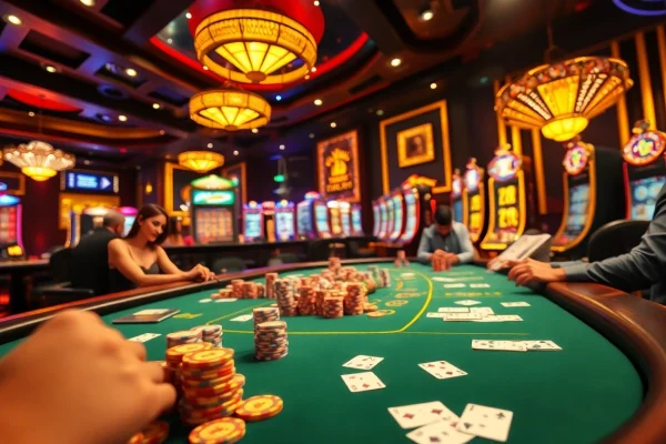 Experience the thrilling RR88 casino atmosphere with vibrant slot machines and intense poker action.