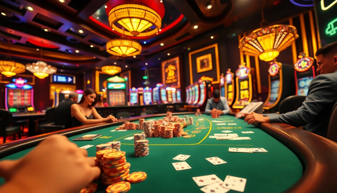 Experience the thrilling RR88 casino atmosphere with vibrant slot machines and intense poker action.