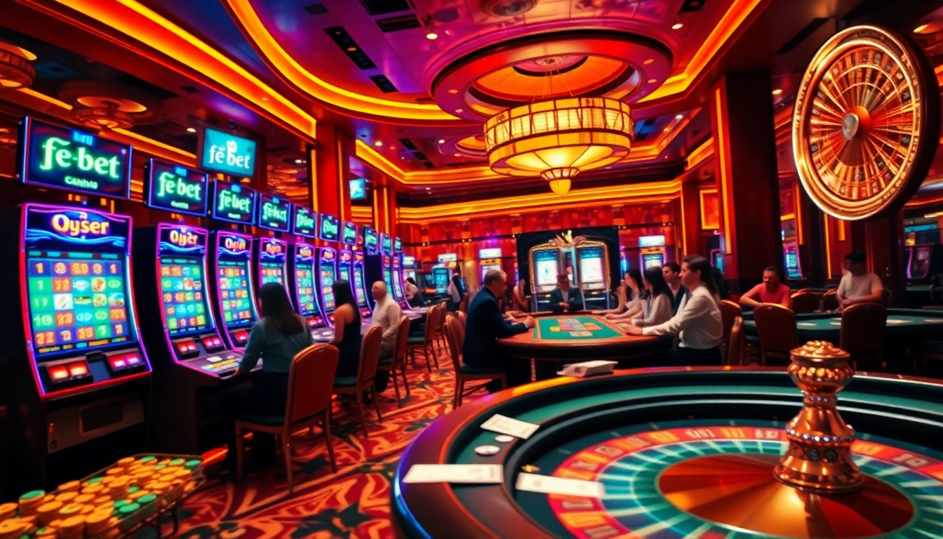 Experience the thrill of fe bet with lively casino action featuring poker tables, slot machines, and colorful chips.