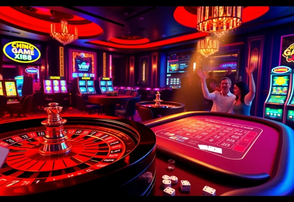 Cổng Game XIN88 showcases an exciting casino atmosphere with roulette wheels and players celebrating wins.