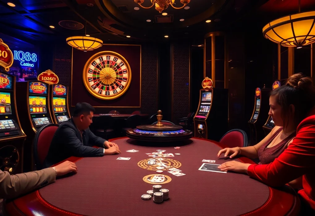 Players enjoy poker at IQ88, surrounded by vibrant slot machines and a roulette wheel.