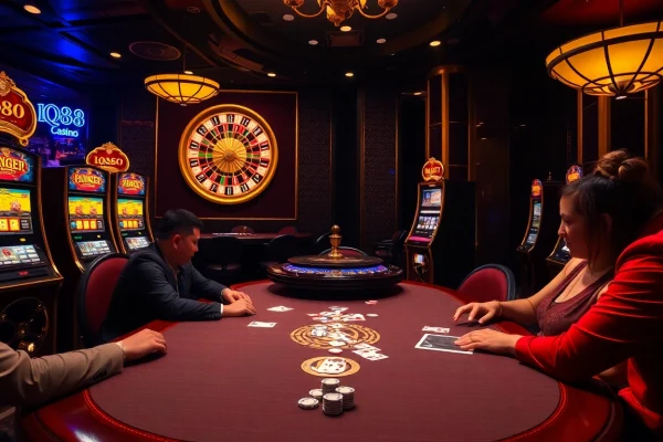 Players enjoy poker at IQ88, surrounded by vibrant slot machines and a roulette wheel.
