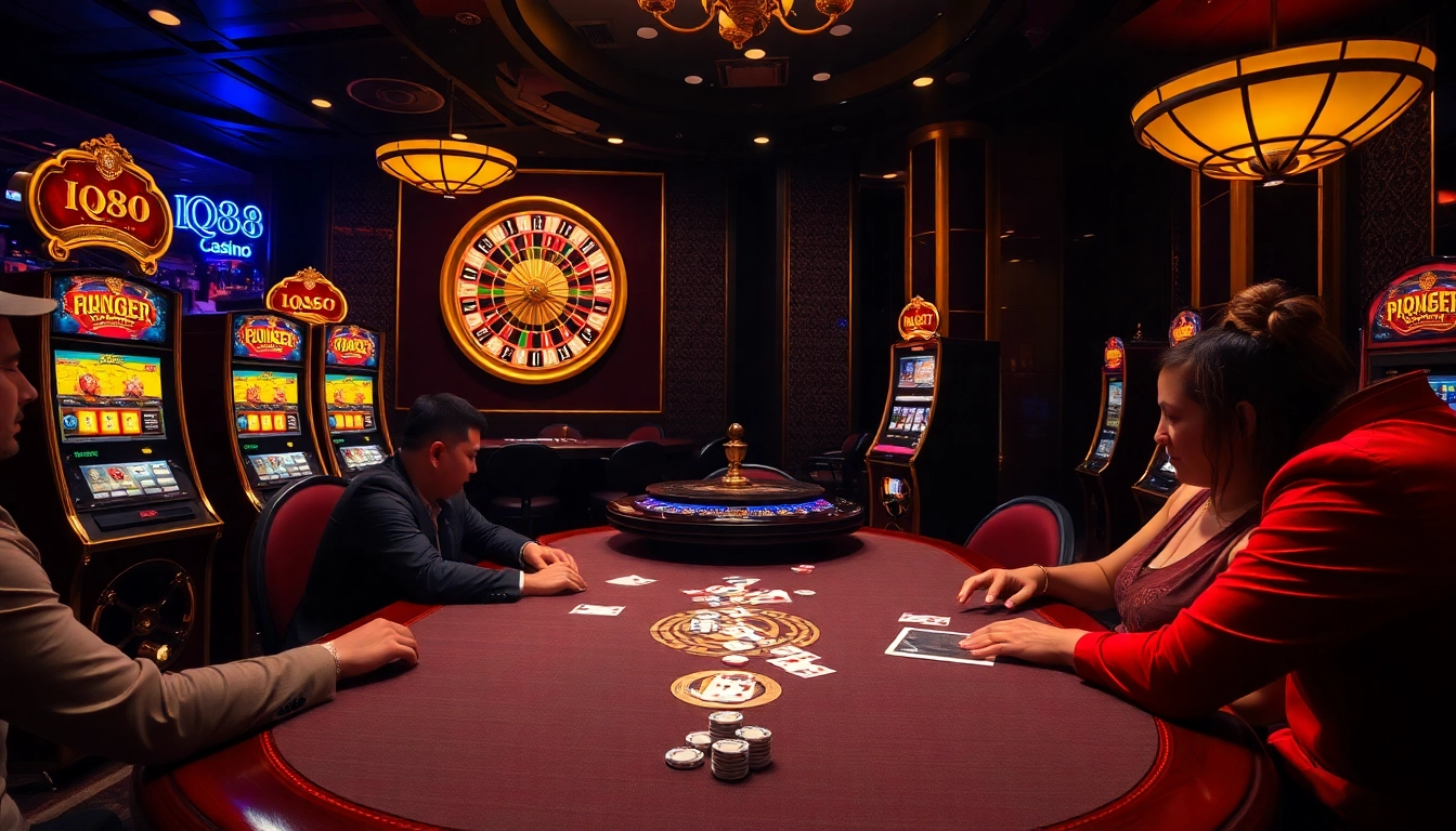 Players enjoy poker at IQ88, surrounded by vibrant slot machines and a roulette wheel.