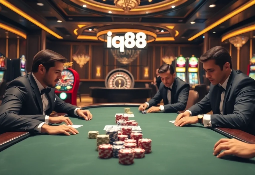 Experience the thrill of iq88 casino gaming with a vibrant poker table and lively atmosphere.