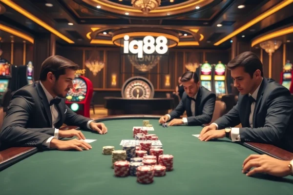 Experience the thrill of iq88 casino gaming with a vibrant poker table and lively atmosphere.
