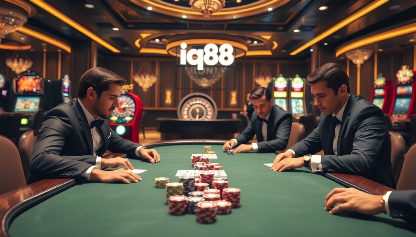 Experience the thrill of iq88 casino gaming with a vibrant poker table and lively atmosphere.