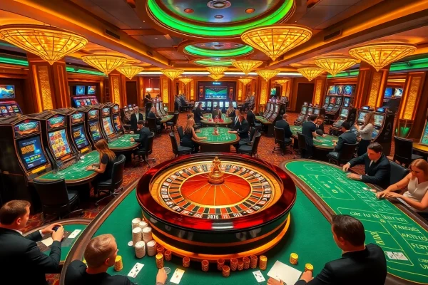 Experience the excitement of gambling with IQ88 at this luxurious casino scene featuring vibrant tables and engaging players.