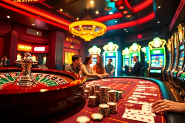 Players enjoy the excitement of GO88 at a luxurious casino table filled with chips and cards.