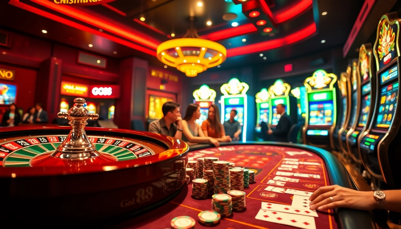 Players enjoy the excitement of GO88 at a luxurious casino table filled with chips and cards.