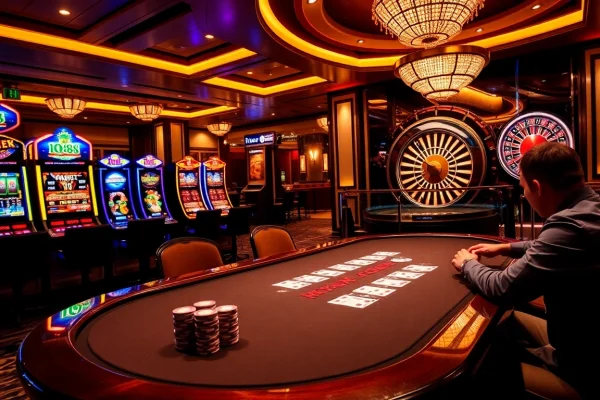 Exciting casino scene showcasing IQ88 gaming experience with poker tables and vibrant slots.